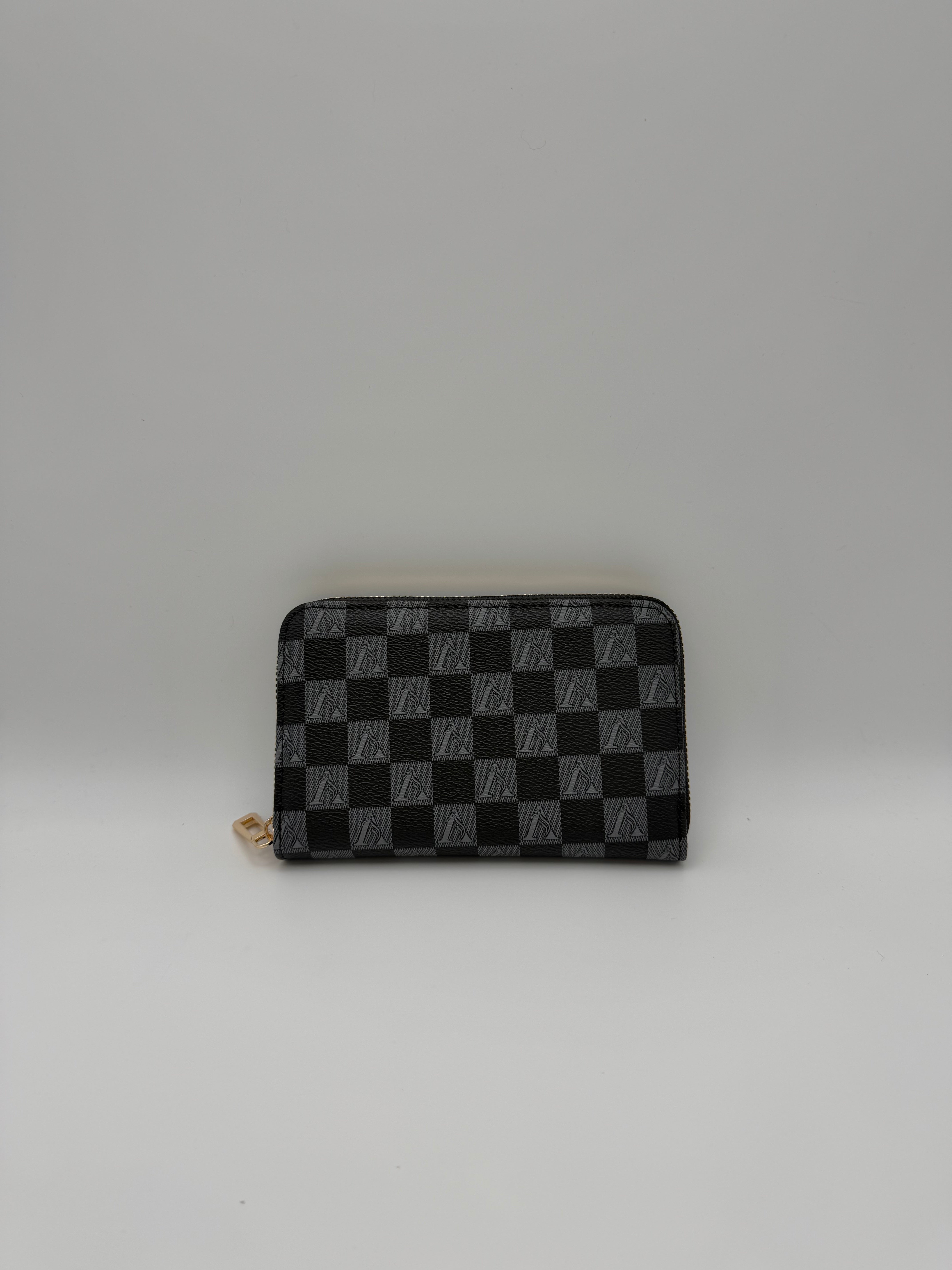 Black checkered zip wallet on white background, women's accessory at Nice On Me