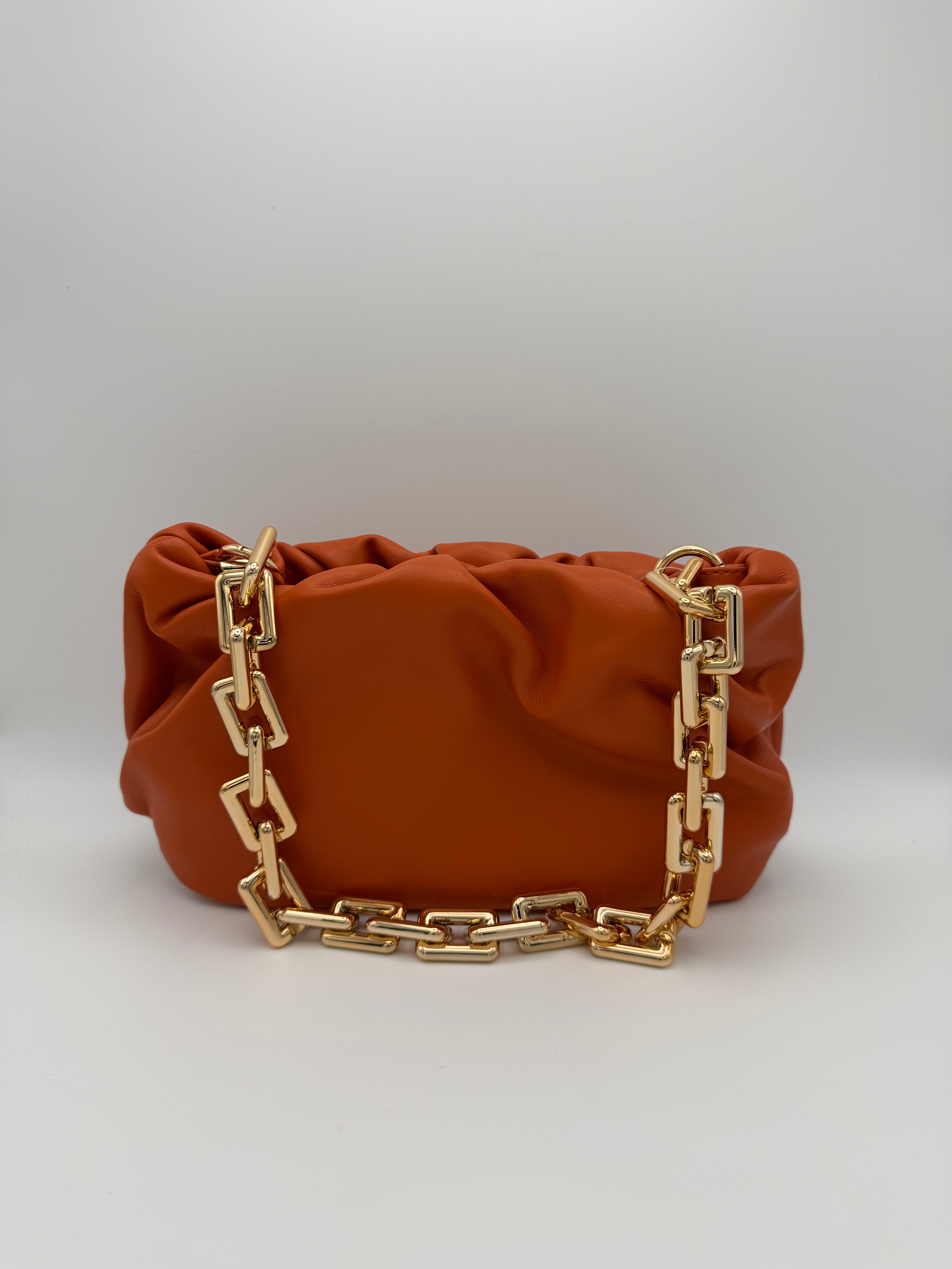 Ruched Soft Clutch Bag with Gold Chunky Chain - Orange