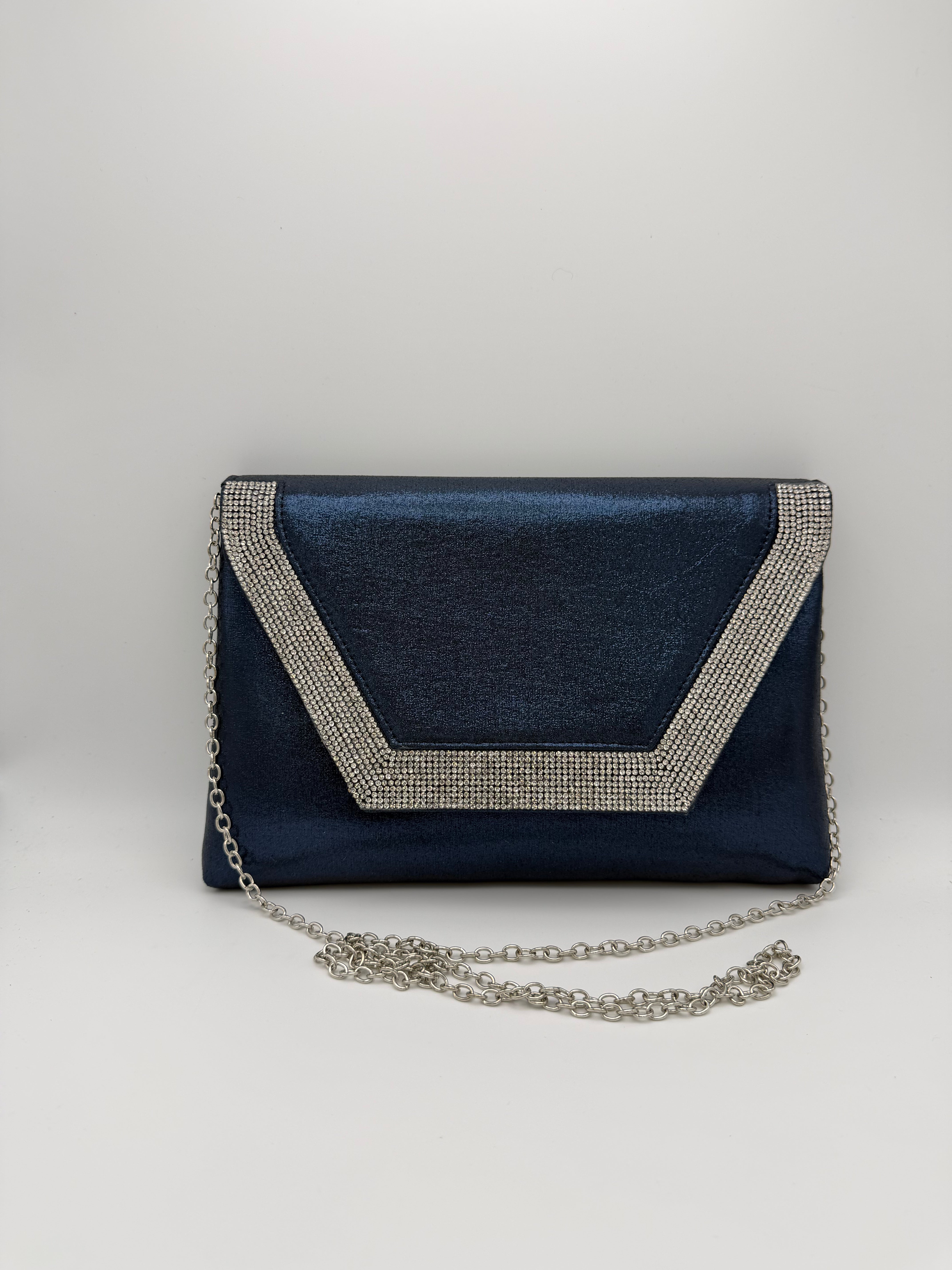 Crystal Trim Envelope Clutch Bag - Navy