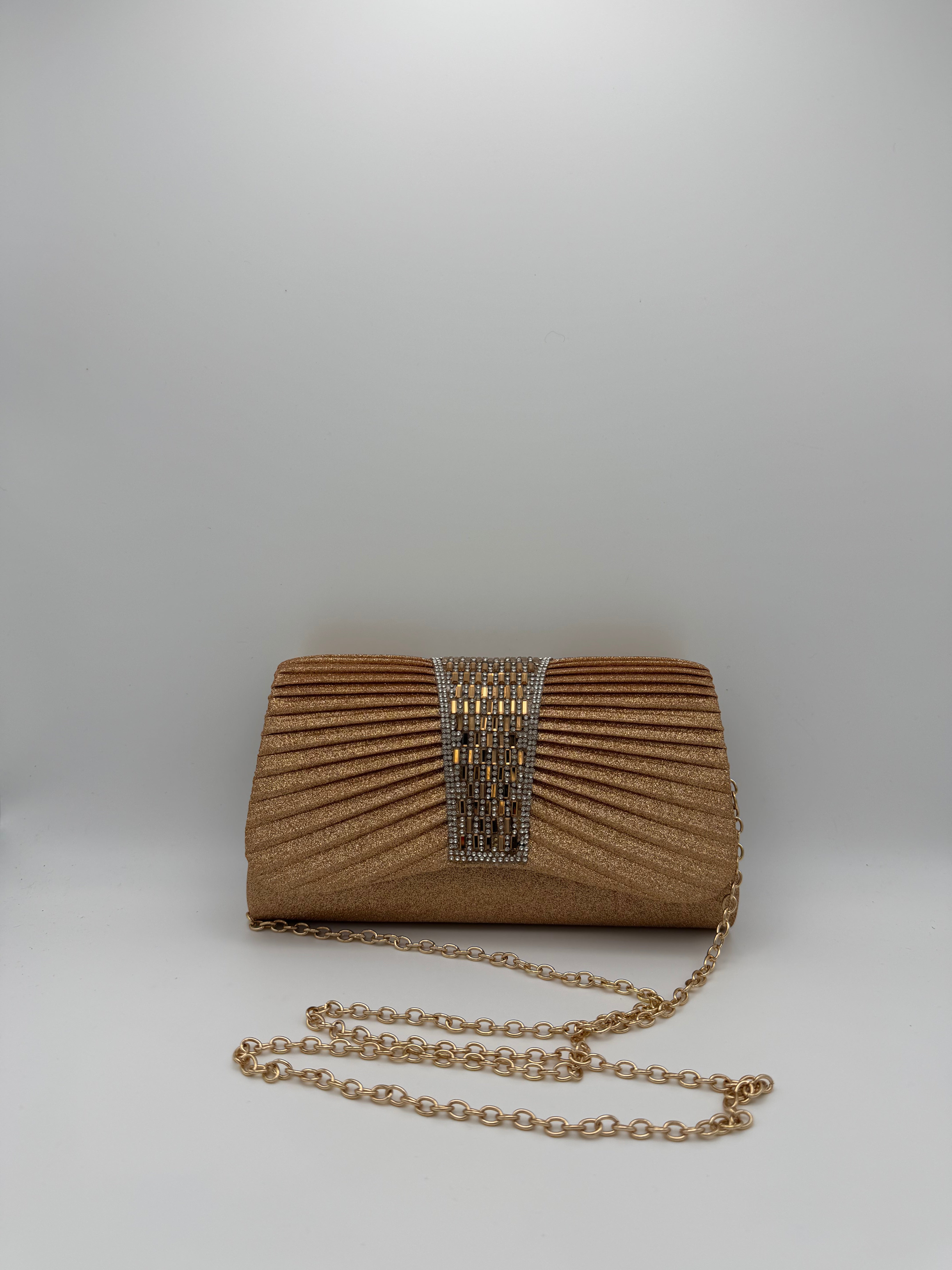 Pleated Clutch Bag with Crystal Bar Detail - Rose Gold