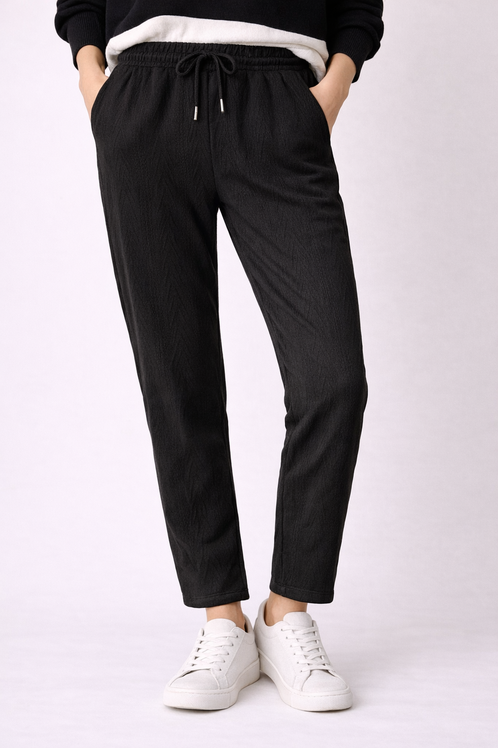 Women's Cable Knit Fleece Lined Straight Trousers Black Front