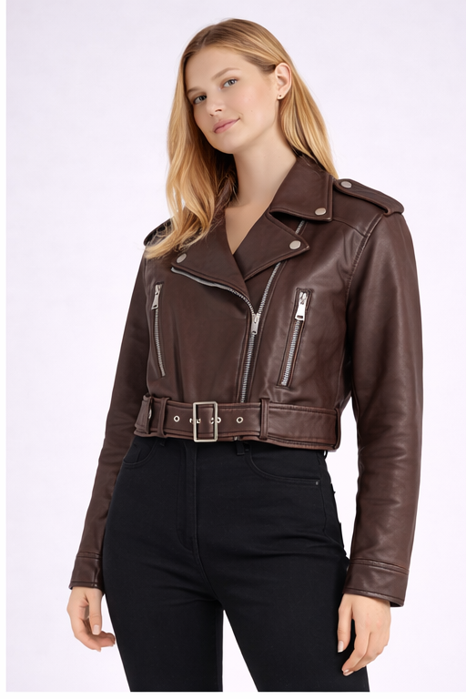 Leather Cropped Belted Biker Jacket Brown Front