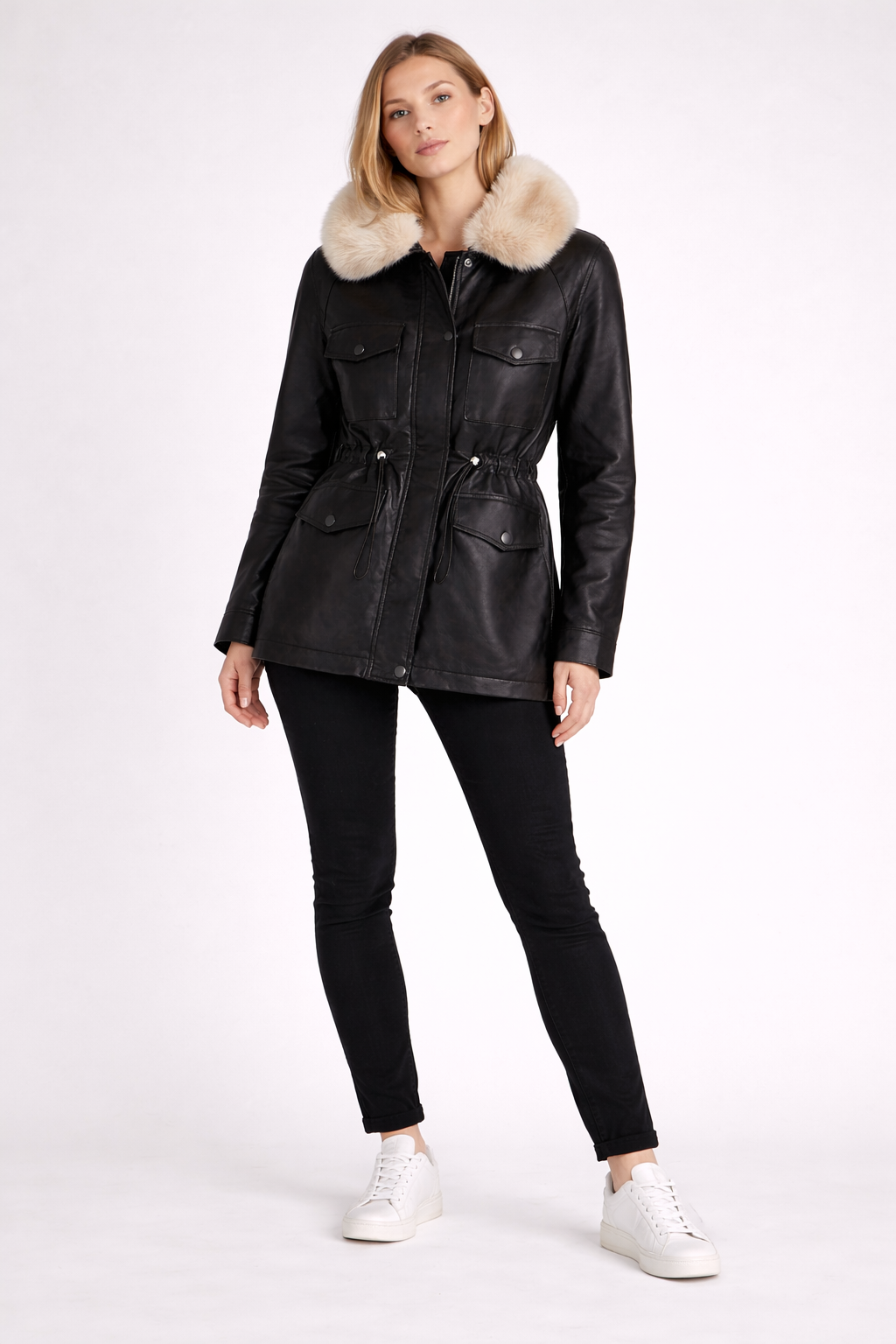 Cinched Waist Fur Collar Leather Parka Coat Black Front Full