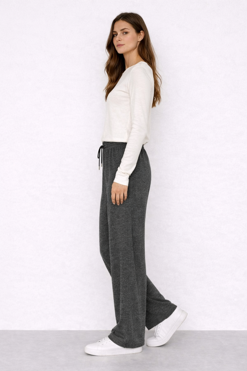 Women's Wide Leg Drawstring Lounge Trousers Dark Grey Side