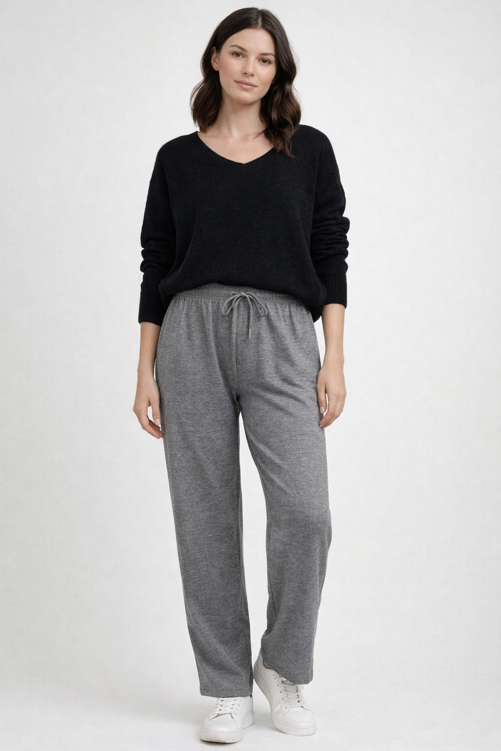 Relaxed Fit Knit Drawstring Lounge Trousers Grey Front Full