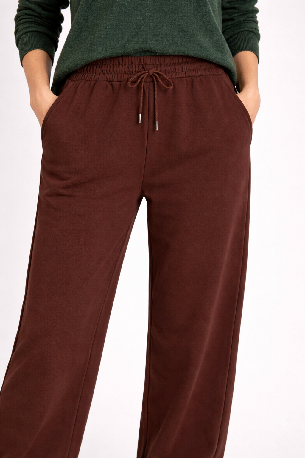 Soft Drawstring Wide Leg Fleece Joggers Brown Front