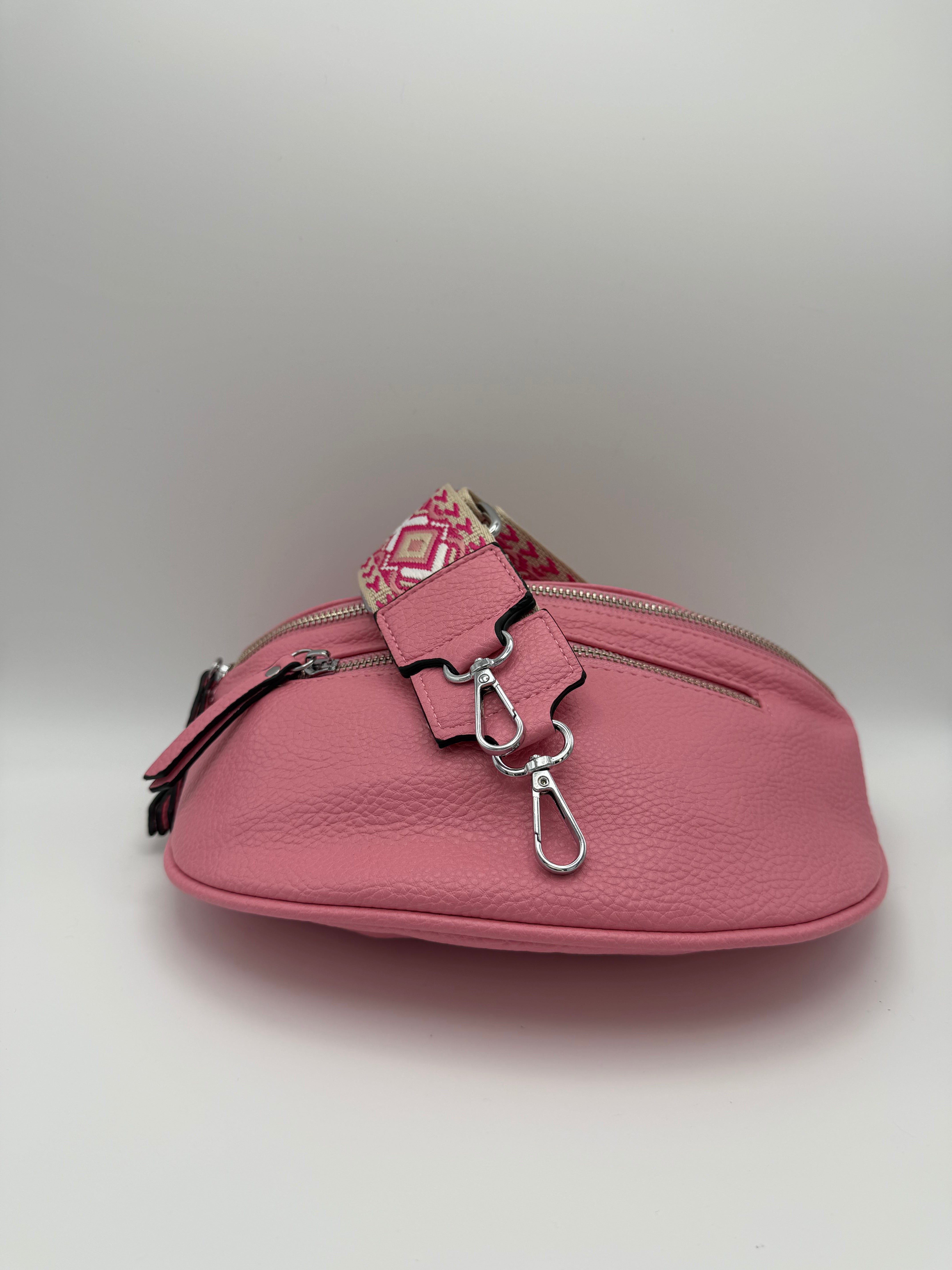 Flamingo pink crossbody bag with patterned strap, affordable women's fashion from Nice On Me