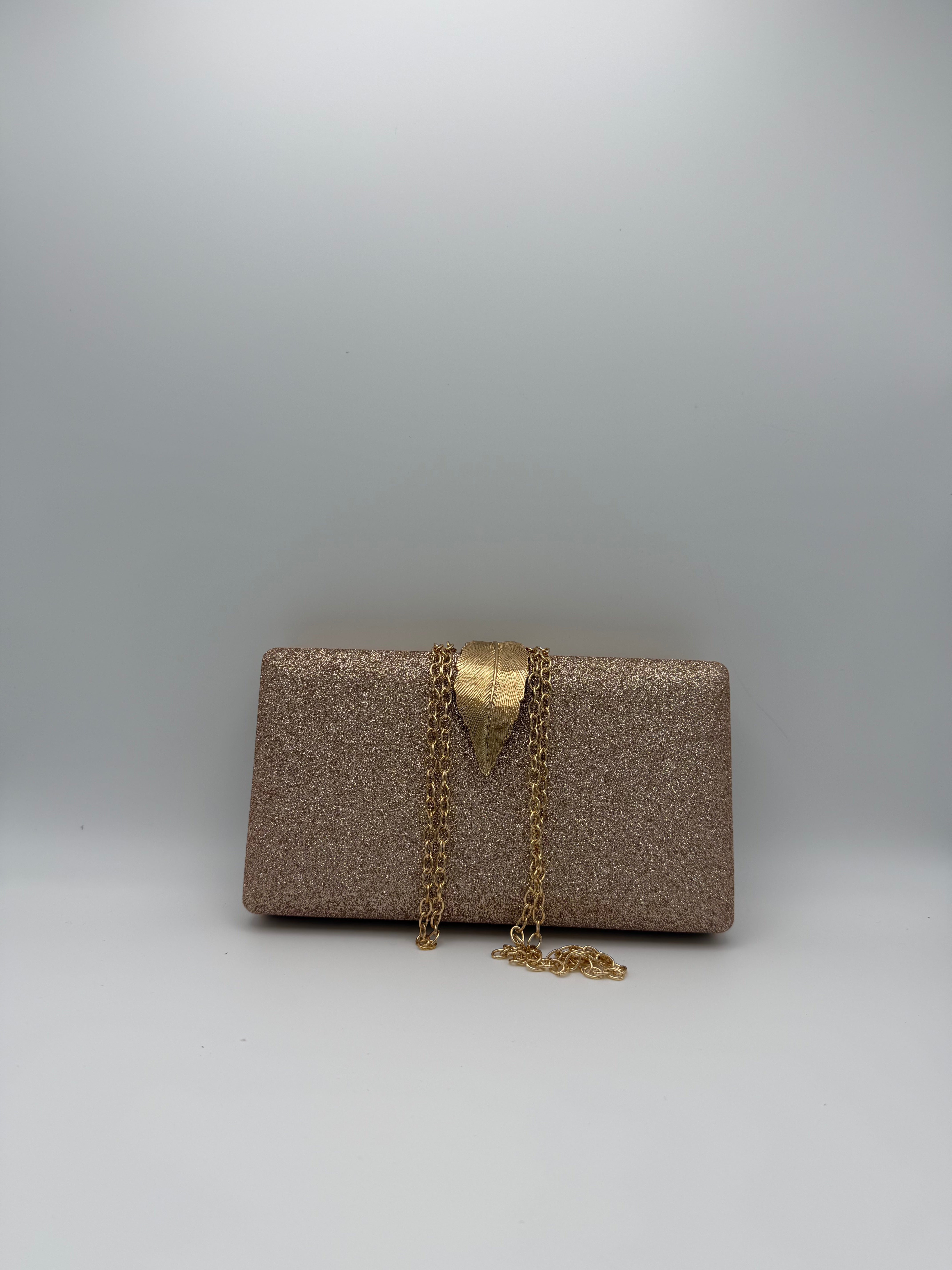 Glitter Clutch Bag with Leaf Detail - Rose Gold