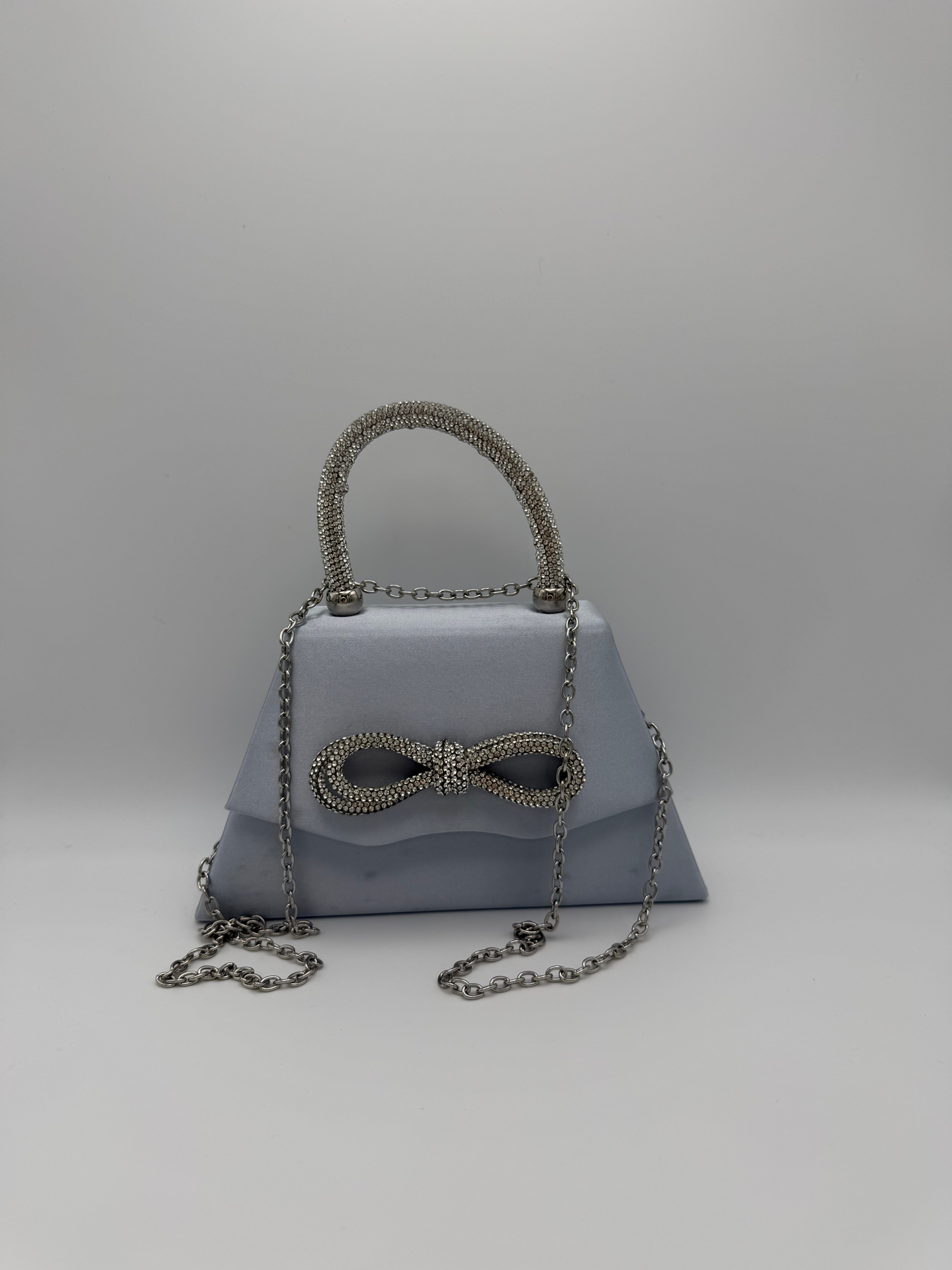 Tie Diamante Embedded Top Handle Clutch Bag - Silver