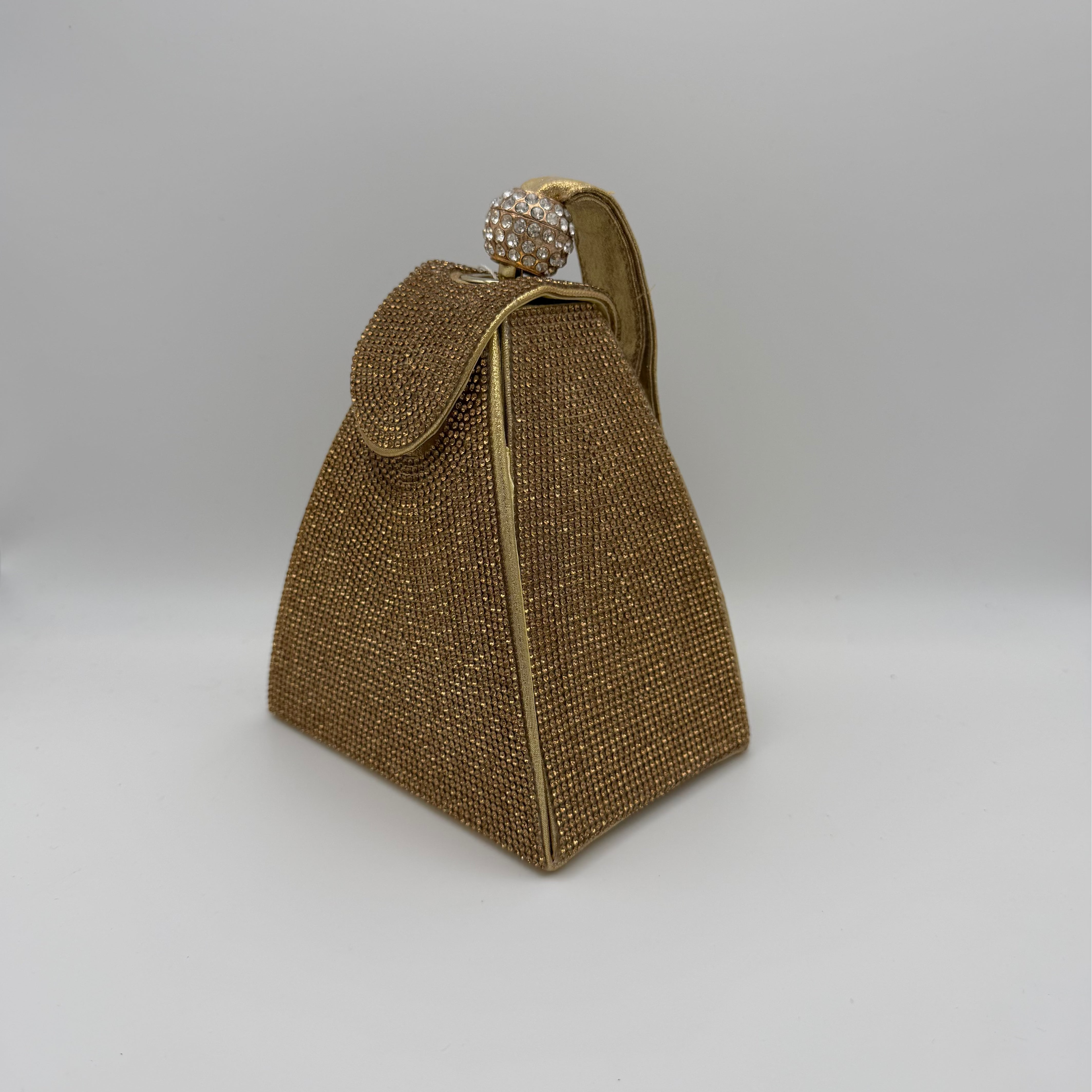 Rhinestone Mini Clutch Bag with Stone Top Handle- Gold