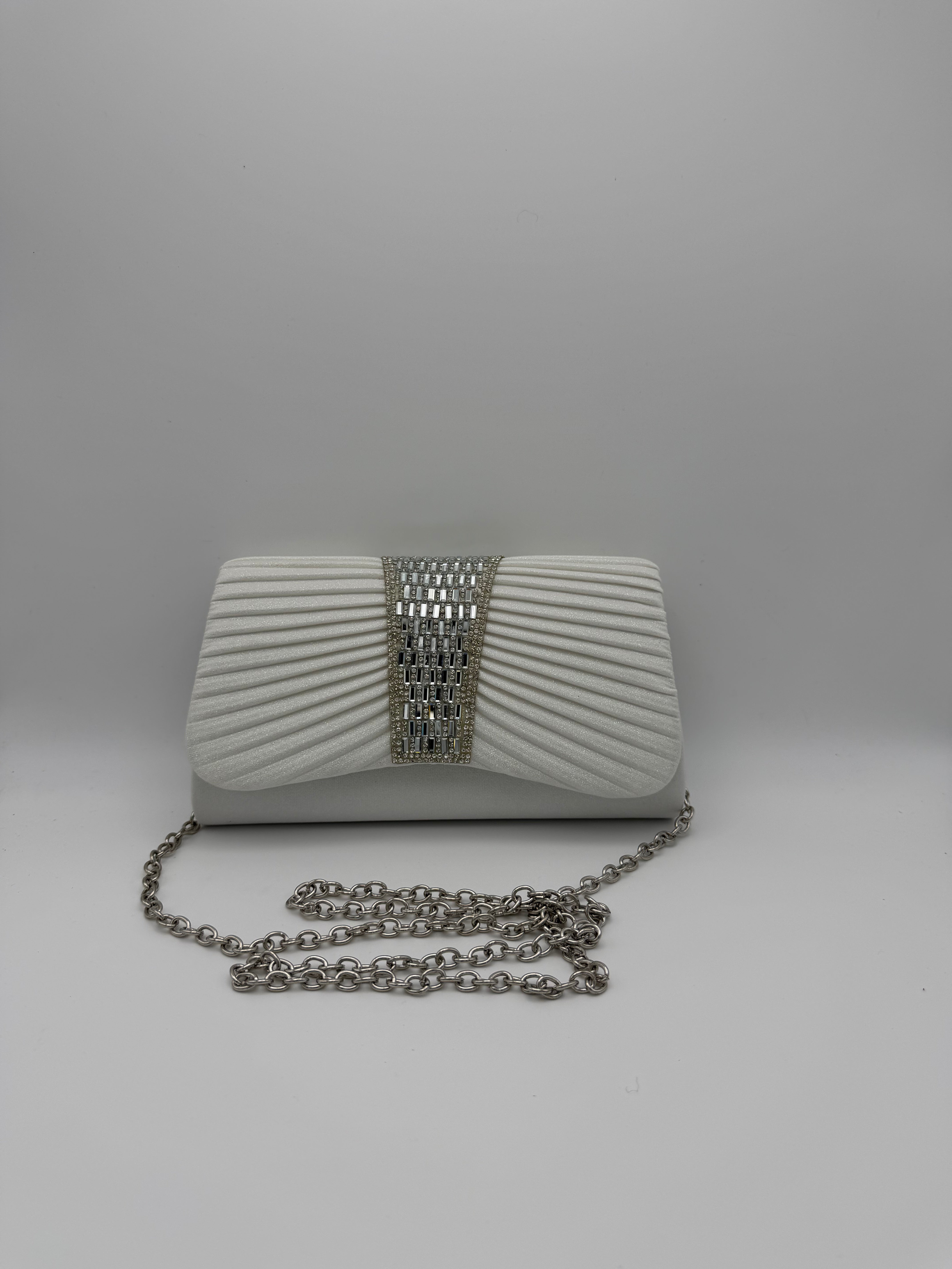 Pleated Clutch Bag with Crystal Bar Detail - White