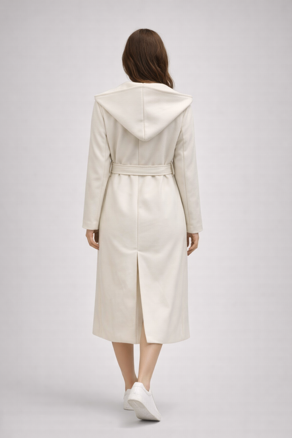 Hooded Wrap Midi Coat Cream Back