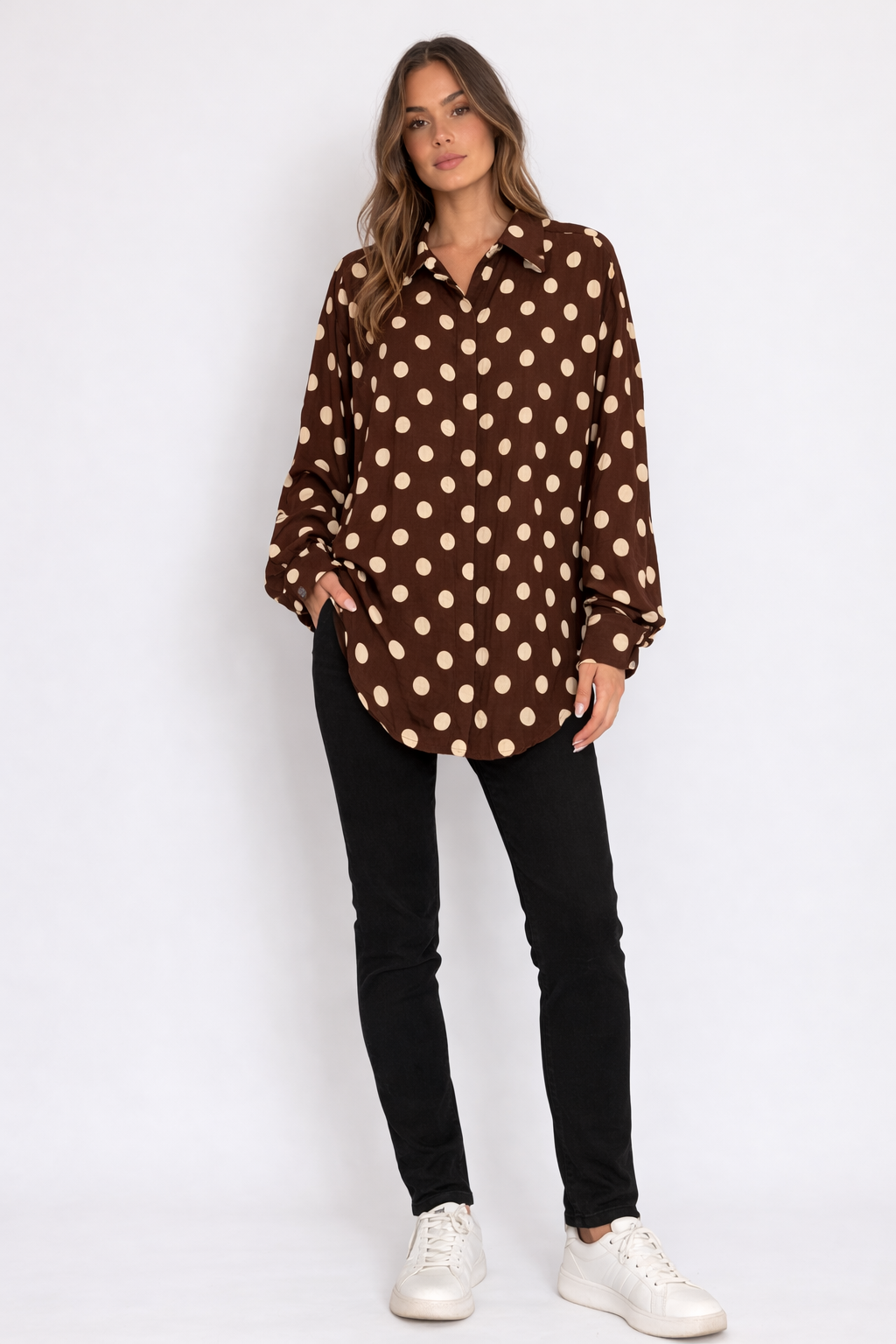 Oversized Polka Dot High-Low Hem Tunic Shirt Brown & Cream Front