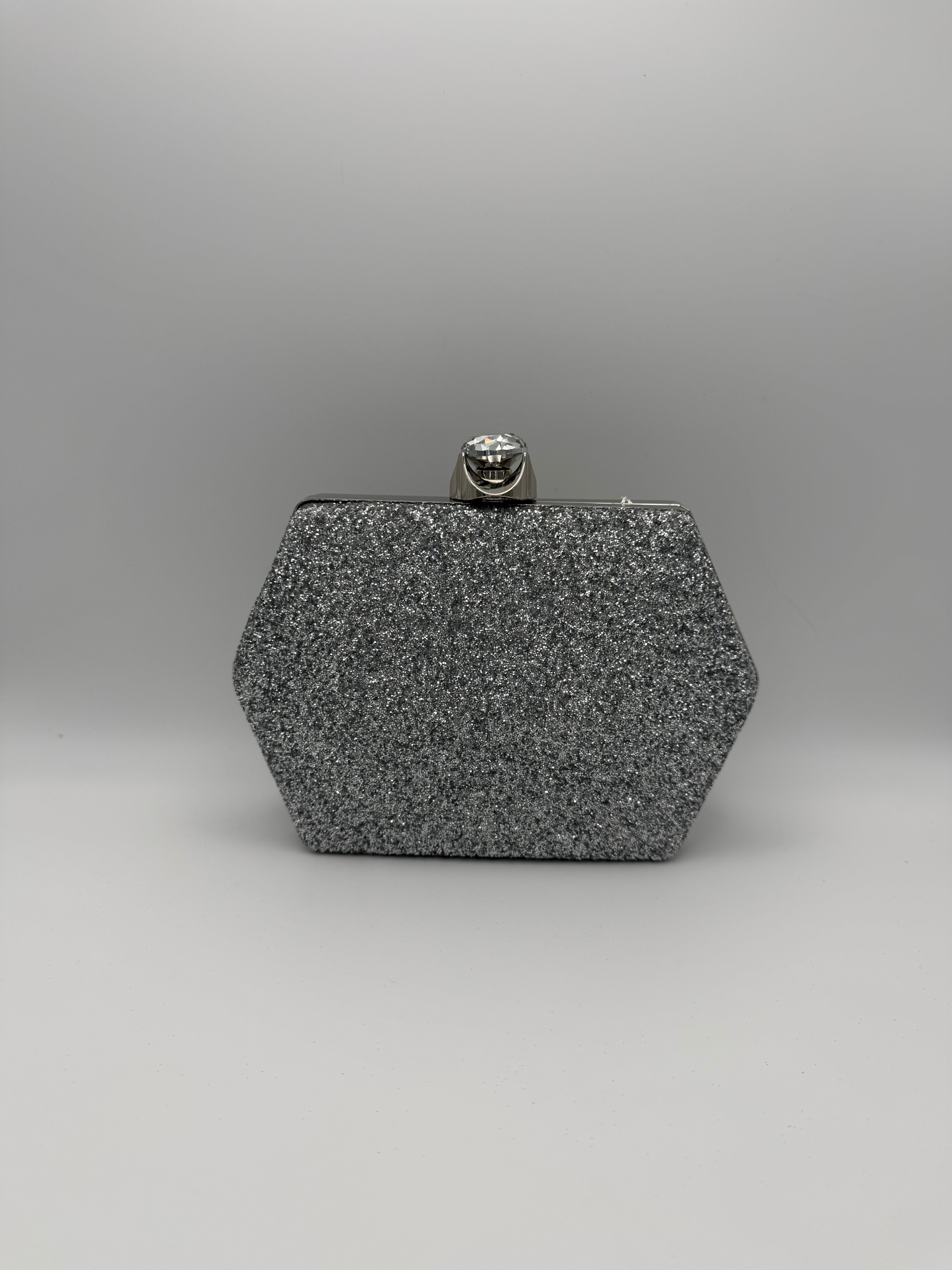 Glitter Clutch Bag with Crystal Detail - Silver