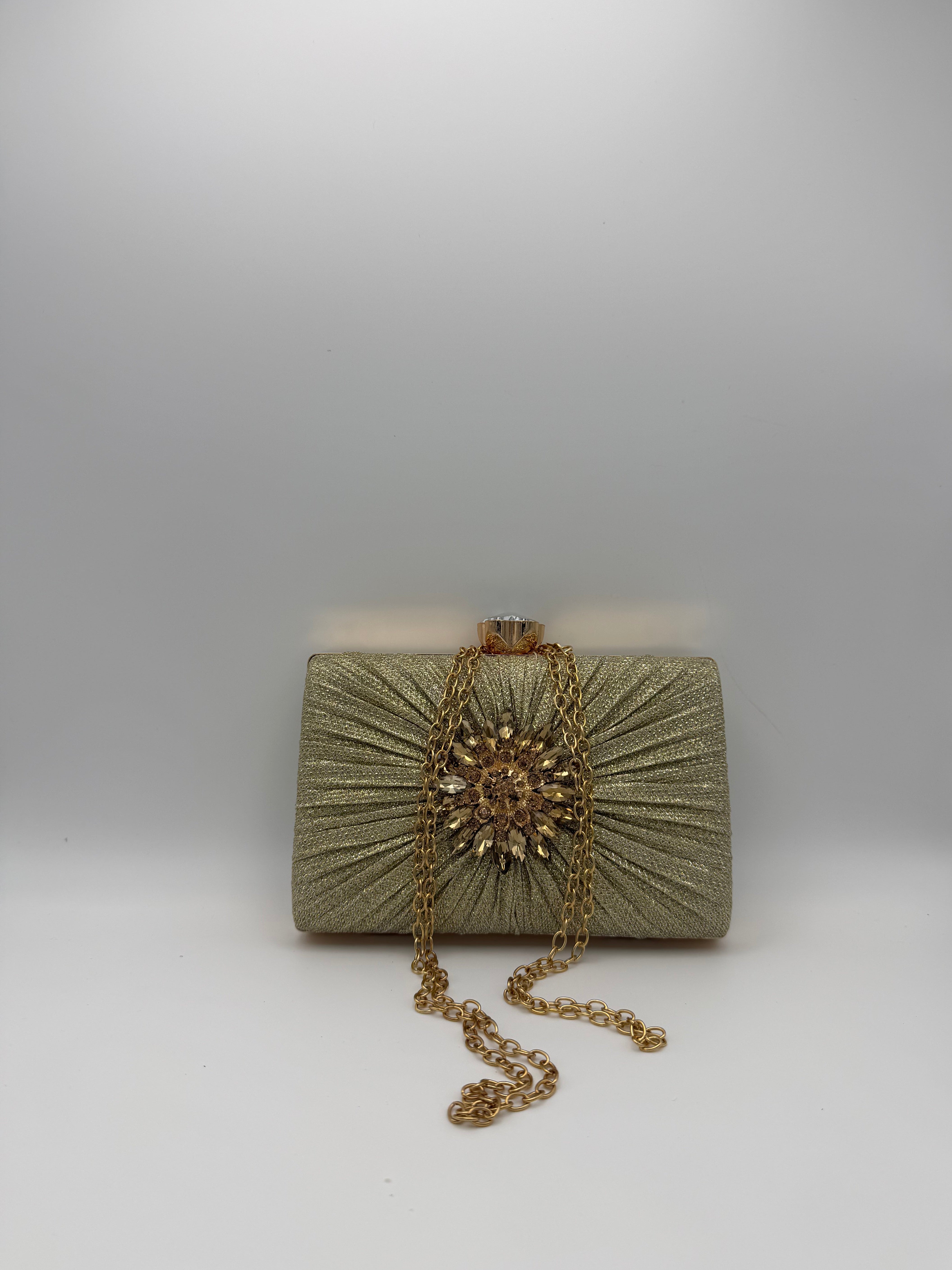 Embellished Evening Clutch Bag with Chain Strap - Gold