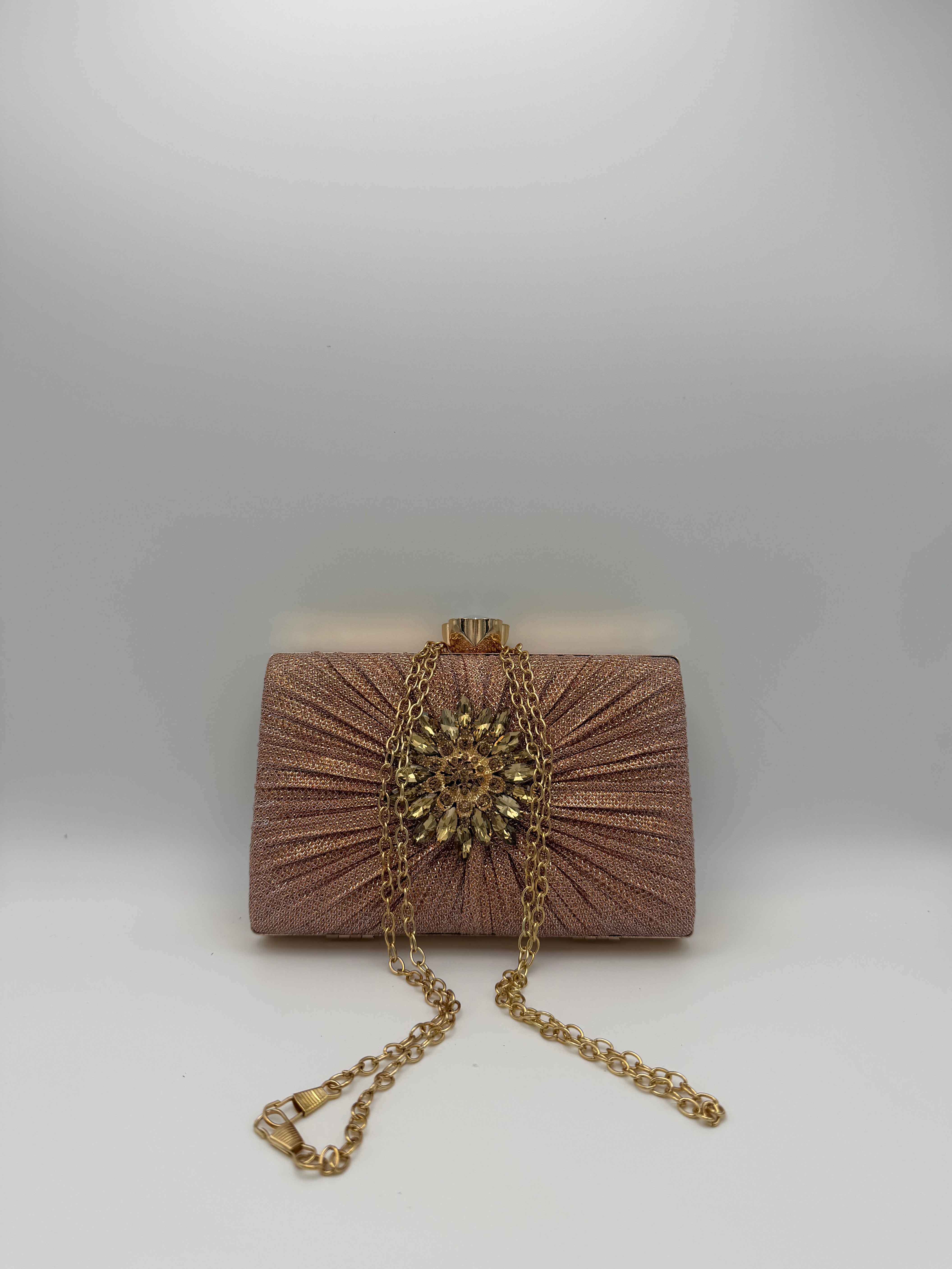 Embellished Evening Clutch Bag with Chain Strap - Rose Gold