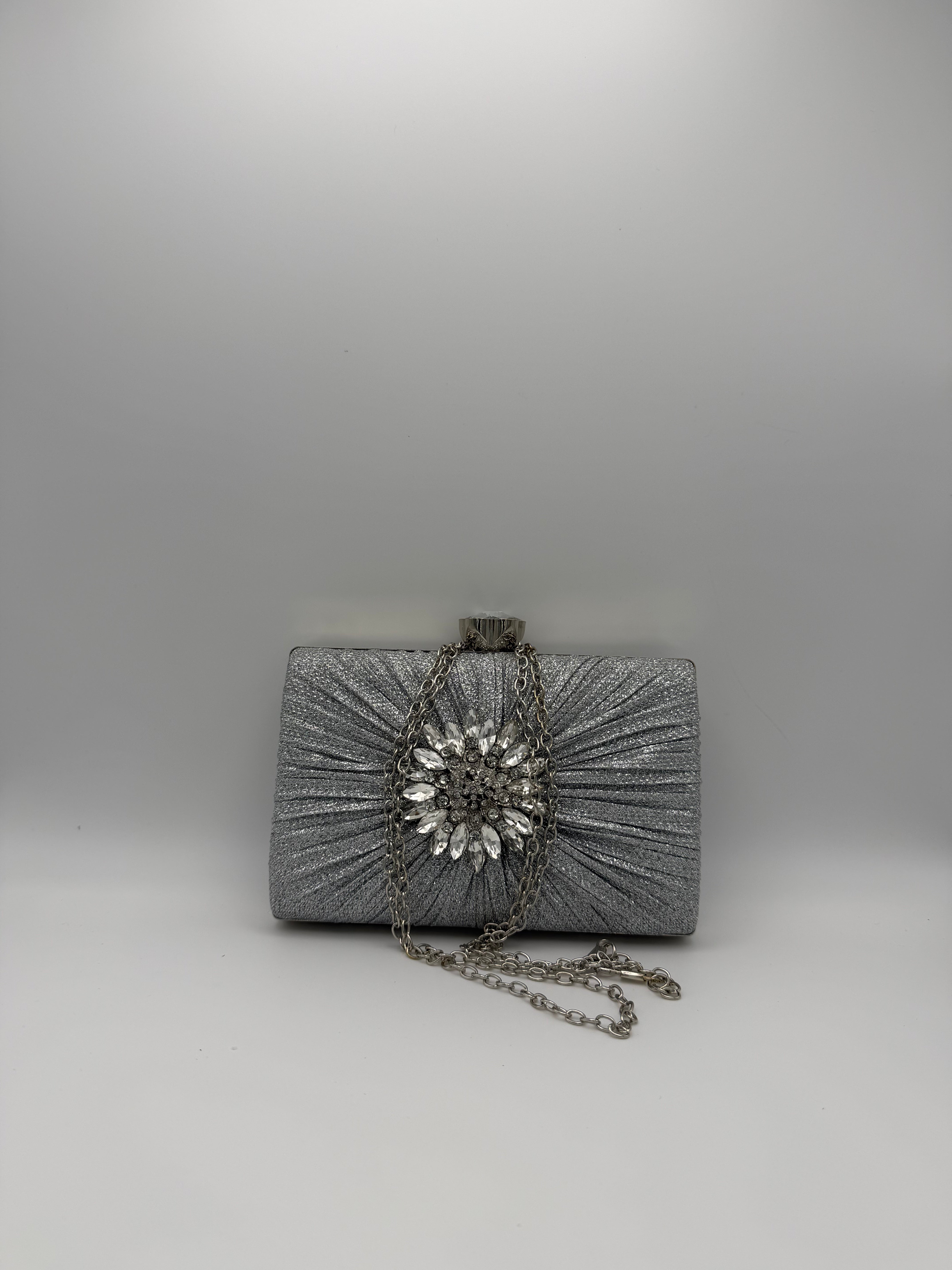 Embellished Evening Clutch Bag with Chain Strap - Silver