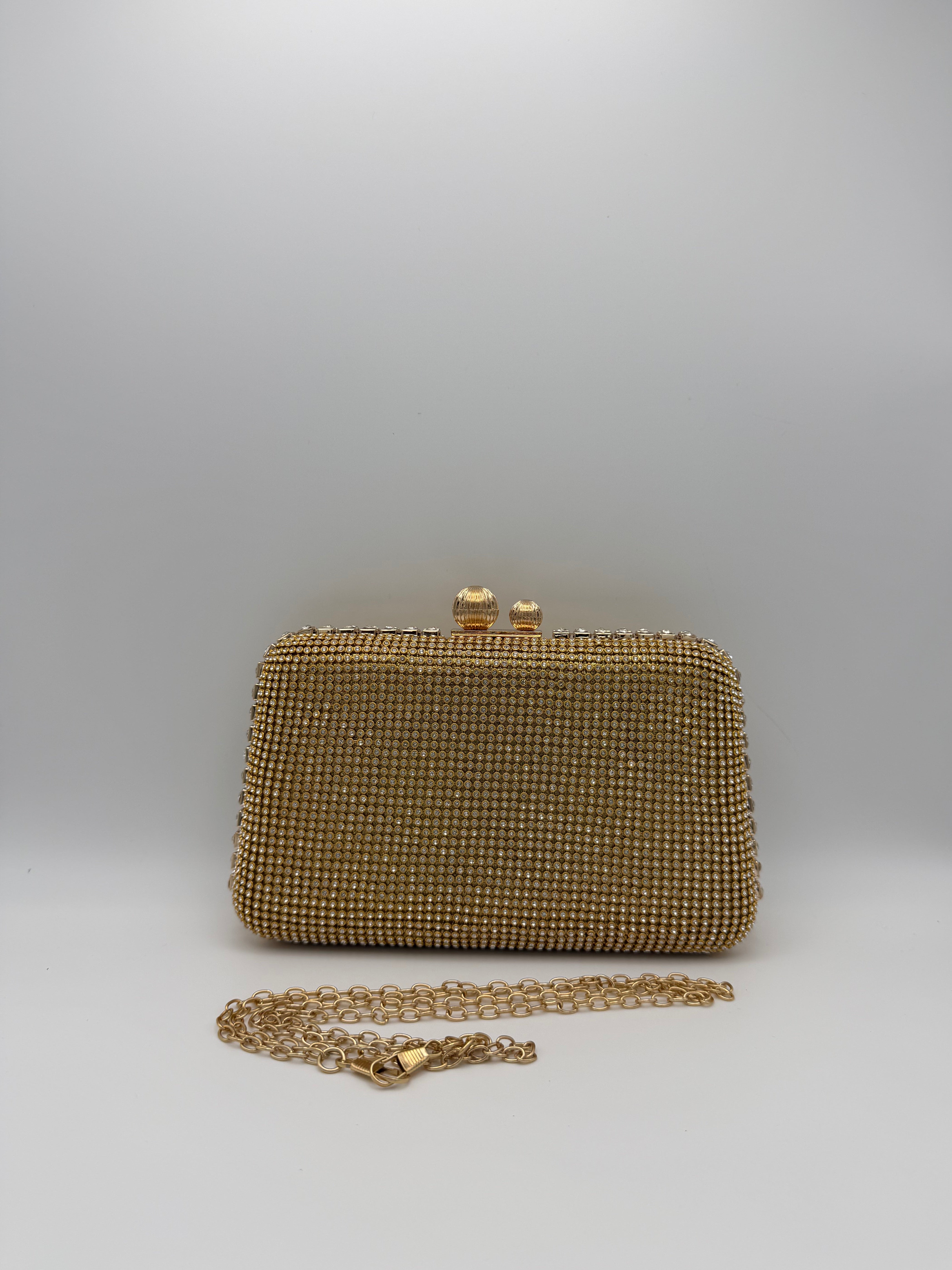 Rhinestone Mesh Evening Clutch with Chain Strap - Gold
