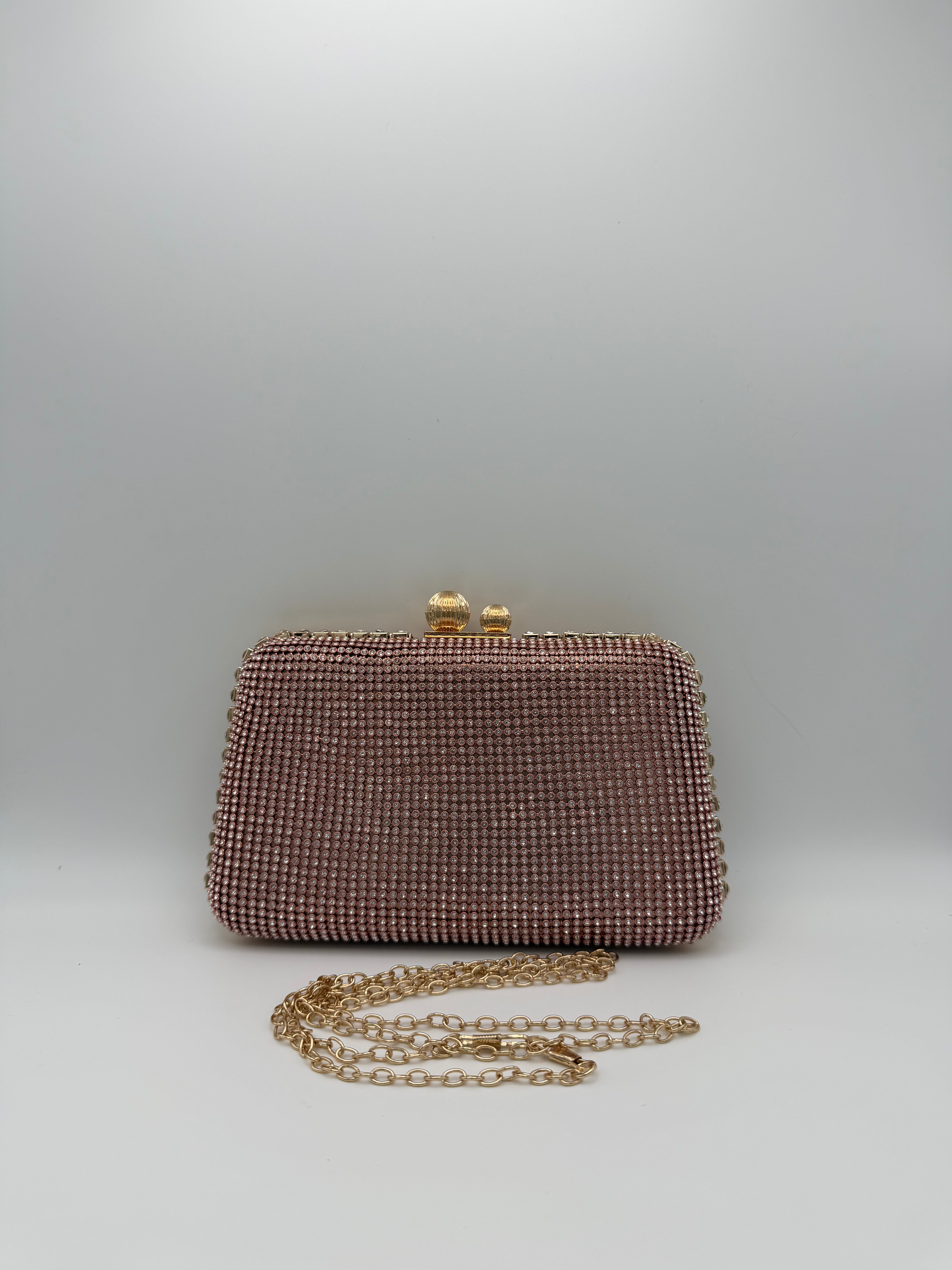 Rhinestone Mesh Evening Clutch with Chain Strap - Rose Gold