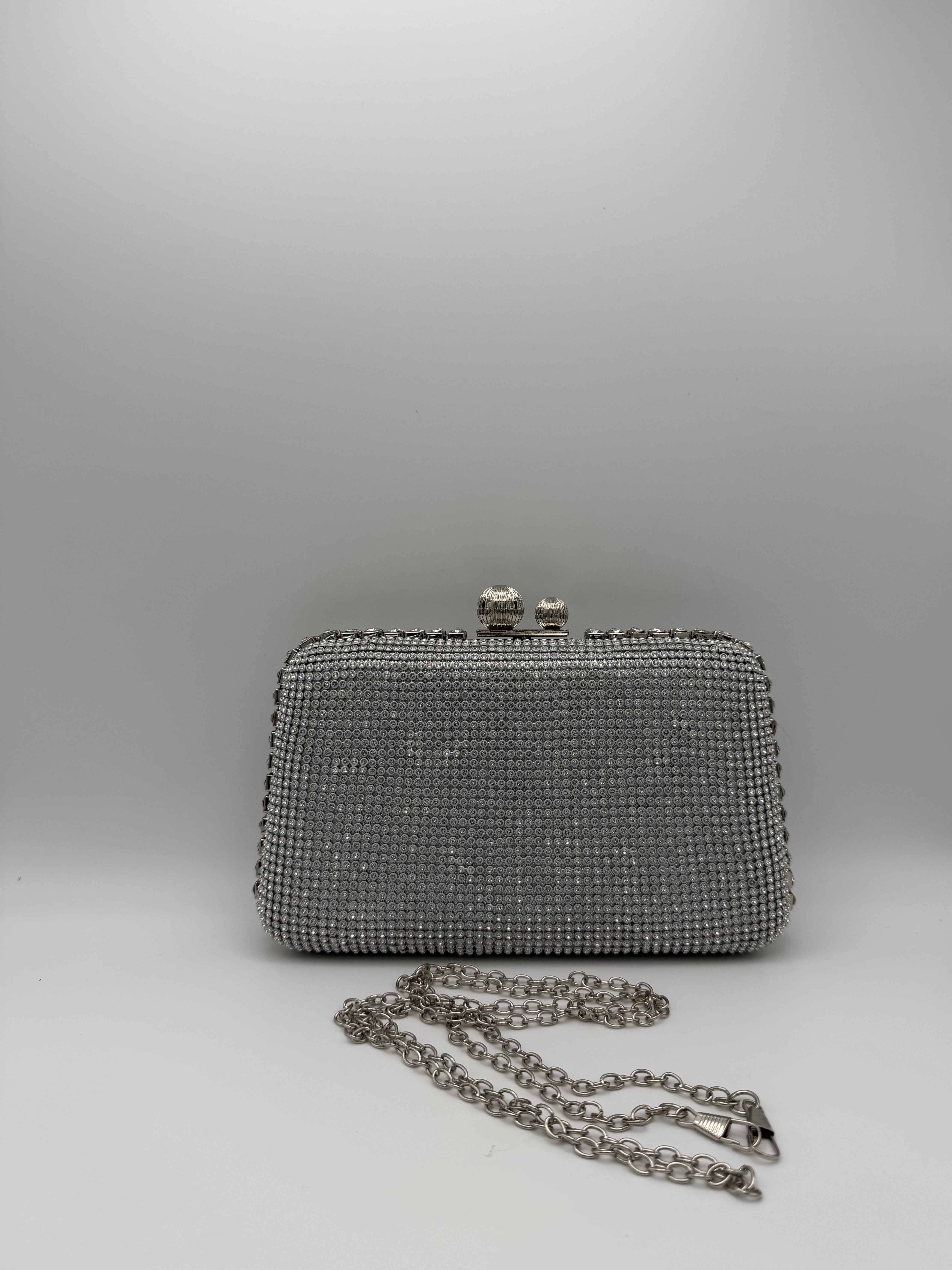 Rhinestone Mesh Evening Clutch with Chain Strap - Silver