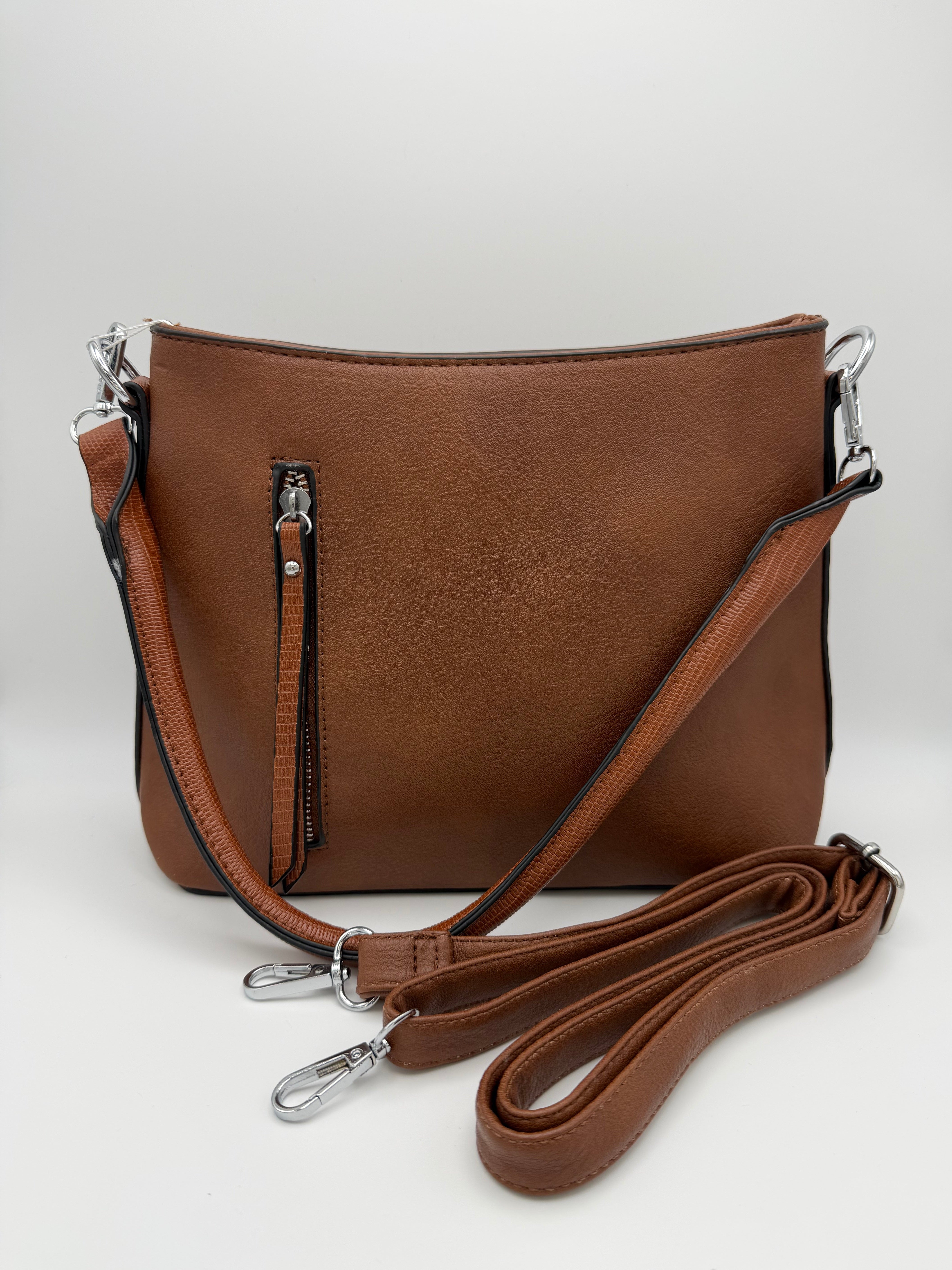 Faux Leather Crossbody Bag with Zipper Details - Brown