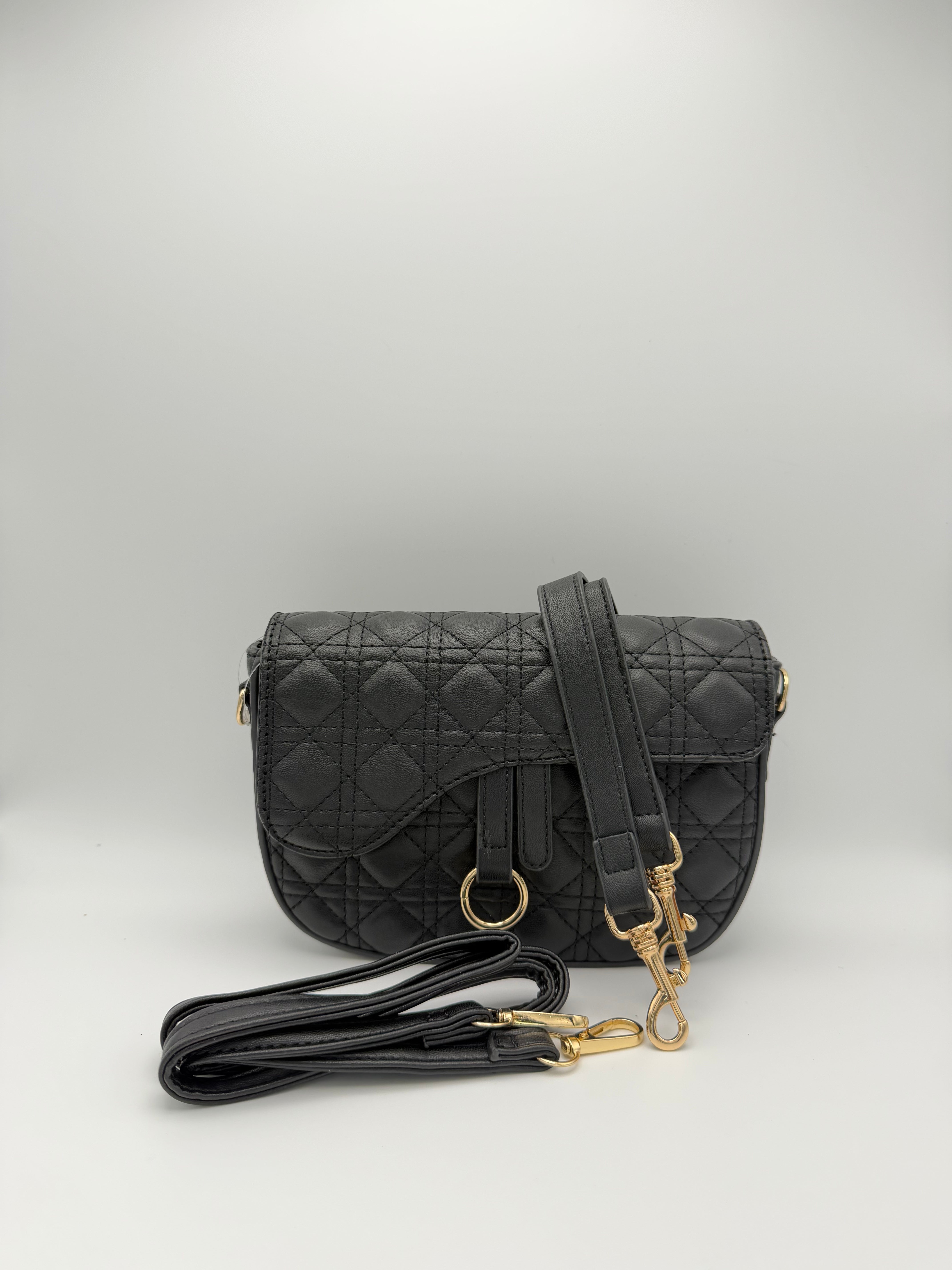 Quilted Crossbody Bag with Gold - Black